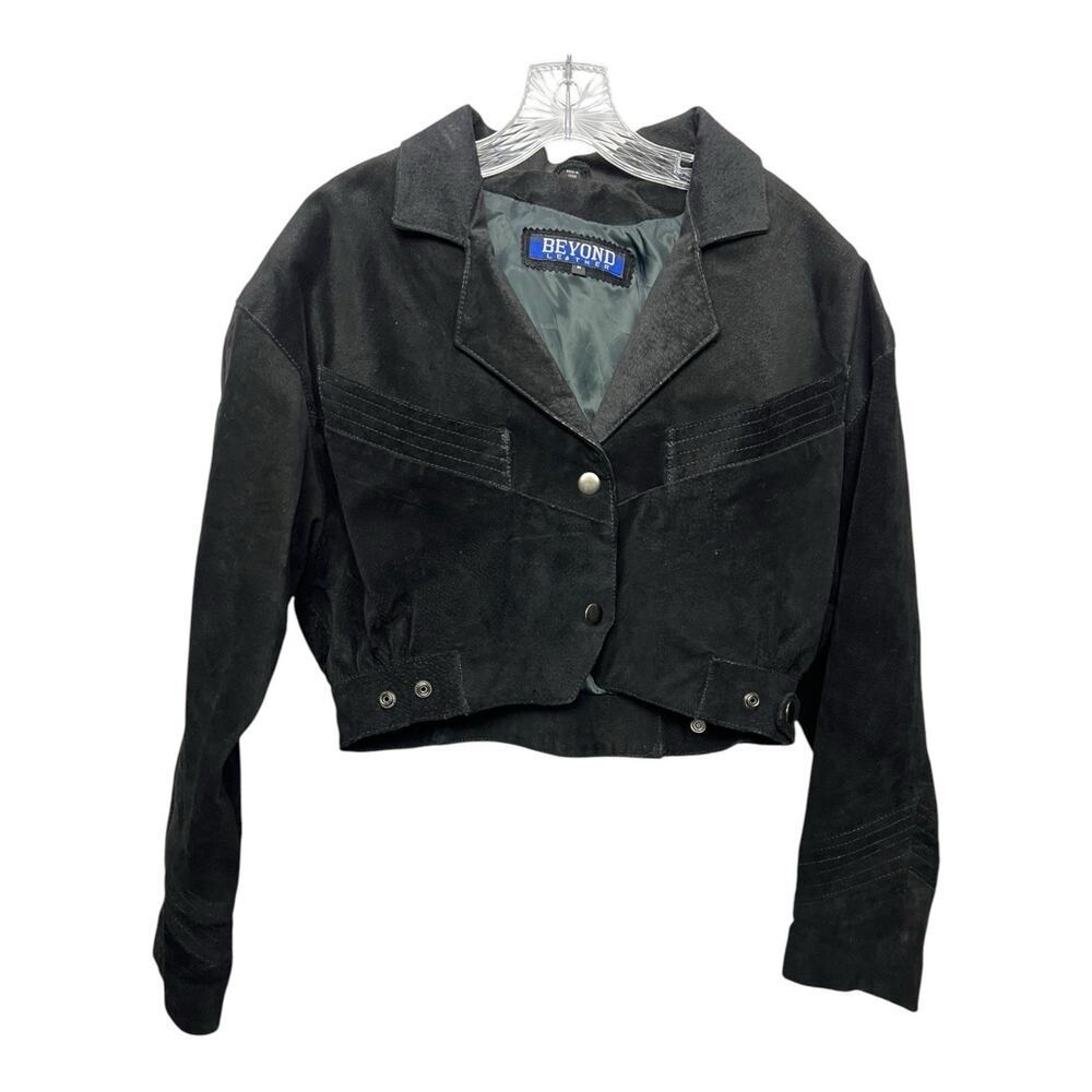Vintage Beyond Leather Black Suede Silver Button Down Cropped Jacket
